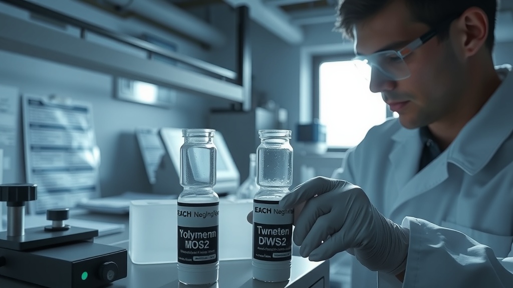 Formulation chemist examining MoS2 and WS2 submicron dispersion vials for PTFE-free lubricant development