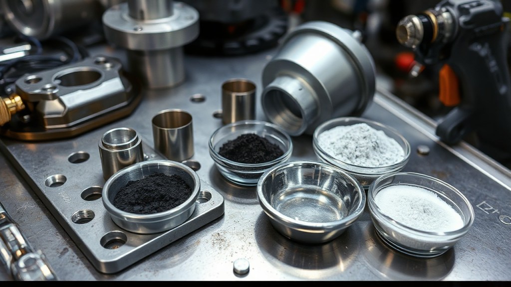 Dry film coating formulation setup with metal parts, dark solid lubricant powders, and technical coating-lab tools