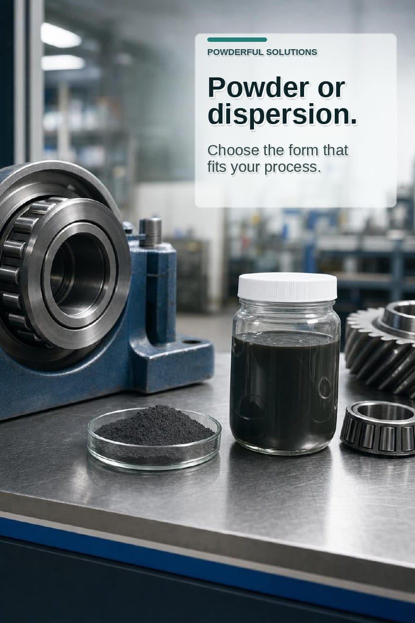 Poudre de MoS2 à côté d’un échantillon de dispersion sombre avec des éléments de roulement en arrière-plan